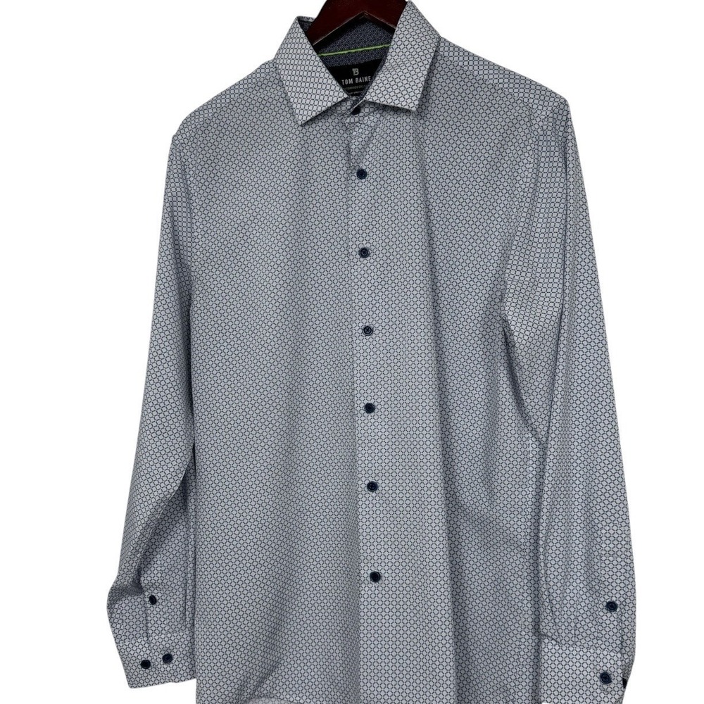 Tom Baine Performance Dress Shirt Mens L 16-16.5 Slim Fit Blue Geometric Stretch
